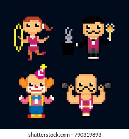 Circus Characters icon set. Pixel art. Old school computer graphic style. 8 bit video game. game element.