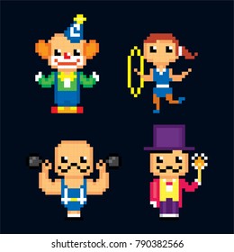 Circus Characters icon set. Pixel art. Old school computer graphic style. 8 bit video game. game element.