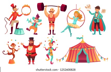 Circus characters. Juggling animals, juggler artist clown and strongman performer. Clowns comedian, juggling jester performer, magician and monkey. Cartoon vector illustration isolated icons set