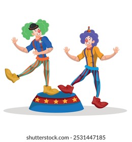 Circus characters, pair of clowns in colorful clothes, Vector illustration in cartoon style. White background.