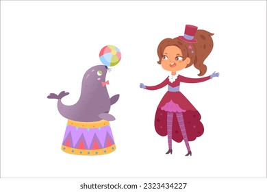 Circus characters perform juggling show vector illustration. Cartoon cute seal juggler playing ball on podium and trainer in vintage tuxedo, carnival performance of happy animal and funny girl.