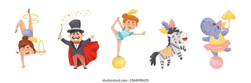 Circus Characters Performing Trick with Acrobat, Magician and Animal Vector Set