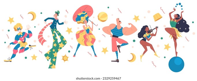 Circus characters set. Carnival or street festival with musicians and clowns, gymnasts and strongman. Smiling cheerful people perform bright show. Cartoon flat vector isolated on white background