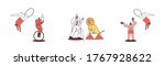 Circus characters set. Juggler, acrobat, strongman and tamer with lion on white background. Cartoon people making tricks for circus performance. Flat design vector illustration