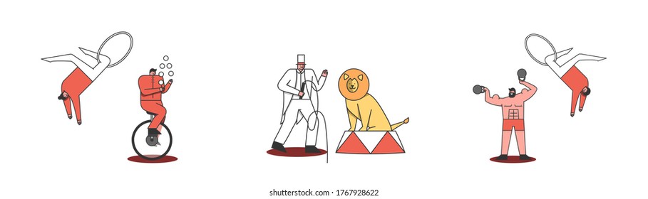 Caracteres de circo establecidos. Contrabandista, acróbata, hombre fuerte y tamer con león de fondo blanco. Caricaturas haciendo trucos para la actuación de circo. Ilustración vectorial de diseño plano