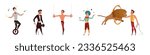Circus characters set vector illustration. Cartoon isolated circus performers collection with acrobat and clown, juggler and strongman, tamer in carnival costumes and animals perform show and tricks.