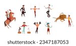 Circus characters set vector illustration. Cartoon isolated circus performers collection with acrobat and clown, juggler and strongman, tamer in carnival costumes and animals perform show and tricks