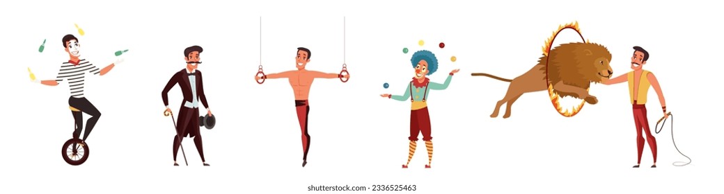 Los caracteres de circo establecen la ilustración vectorial. Animadores de circo aislados de dibujos animados con acróbata y payaso, malabaristas y hombre fuerte, tamer con disfraces de carnaval y animales realizan espectáculos y trucos.