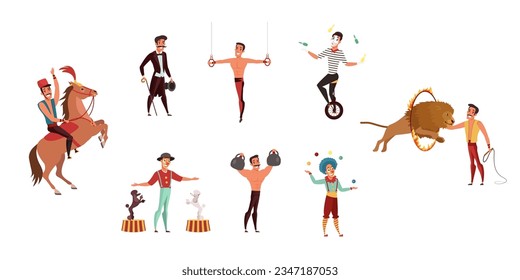 Los caracteres de circo establecen la ilustración vectorial. Colección de artistas de circo aislados con acróbata y payaso, malabarista y hombre fuerte, tamer con disfraces de carnaval y animales realizan espectáculos y trucos