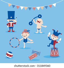 Circus characters and stuffs, clown, strongmen,juggling, gymnast, magician, tickets, ball