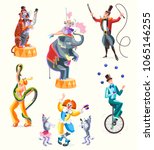 Circus characters: tiger and trainer, woman with snake, girl and elephant, juggler on unicycle, clown with circus poodles. Isolated vector illustration for design banners, posters.