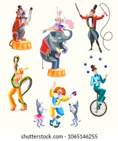 Circus characters: tiger and trainer, woman with snake, girl and elephant, juggler on unicycle, clown with circus poodles. Isolated vector illustration for design banners, posters.