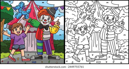 Circus Child and Clown Coloring Page Illustration