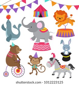 Circus Child Show Cartoon Animals Vector Set. Circus Carnival With Animals Lion Bear, Elephant And Monkey Illustration