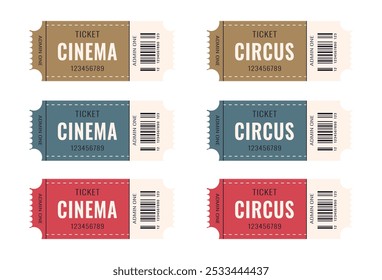 Circus and cinema tickets isolated on white background. Set of different vector ticket designs for circus and cinema, performance, popcorn, game, festival, event, concert. Realistic ticket template.