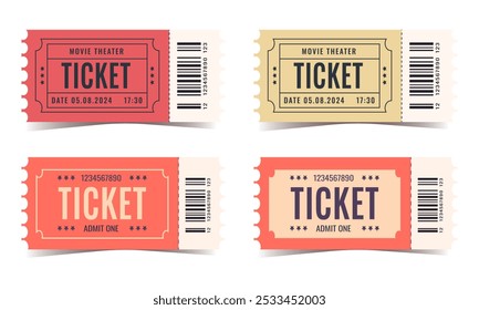 Circus and cinema tickets isolated on white background. Set of different vector ticket designs for circus and cinema, performance, popcorn, game, festival, event, concert. 