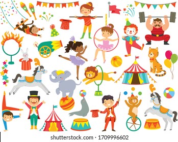 Circus clipart set. Circus animals, circus people and other colorful circus items. 