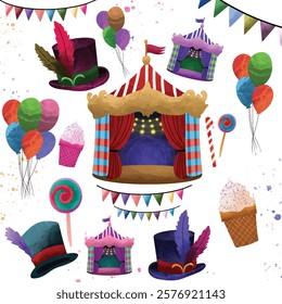 Circus clipart set. Set of vector illustrations of carnival circus icons with tent, carousels, flags isolated on white background.