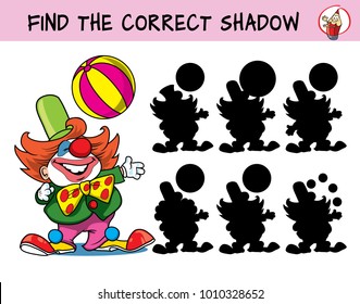 Circus clown artist with big ball. Find the correct shadow. Educational matching game for children. Cartoon vector illustration