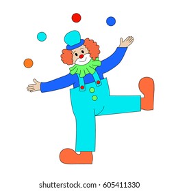 Circus Clown Artist In Classic Outfit With Red Nose And Make Up Performing Juggling Stunt For The Circus Show