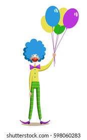 Circus clown with balloons in traditional makeup. Funny character in bright costume and with red nose. Vector illustration of comic isolated on white
