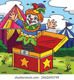 Circus Clown In A Box Colored Cartoon Illustration