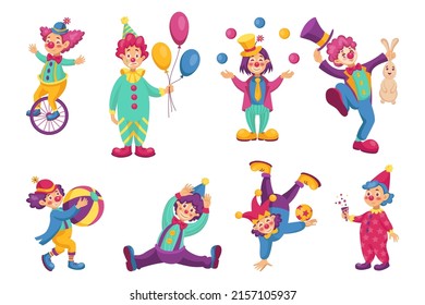 Circus clown. Carnival characters. Juggling man with joker face and bright costume. Mime or jester performance. Festival artists show tricks with ball and wheel. Vector illustration set