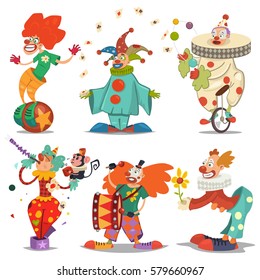 Circus clown character in different actions: juggling, riding unicycle, with flower in hands, with monkey, etc. Vector cartoon icons set isolated on a white background.