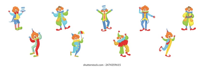 Circus Clown Character in Jester Costume with Nose Vector Set