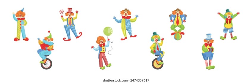 Circus Clown Character in Jester Costume with Nose Vector Set