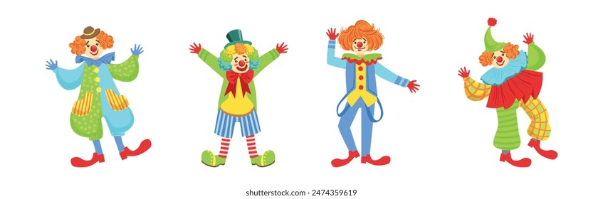 Circus Clown Character in Jester Costume with Nose Vector Set