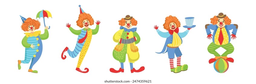 Circus Clown Character in Jester Costume with Nose Vector Set