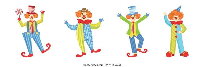 Circus Clown Character in Jester Costume with Nose Vector Set