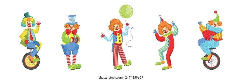 Circus Clown Character in Jester Costume with Nose Vector Set