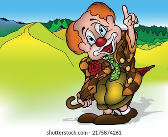 A Circus Clown in a Checkered Jacket Points his Finger - Colorful Cartoon Illustration with Background, Vector