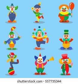 CIrcus clown cute characters vector cartoon illustrations. Funny clownish man tricks with balls and balloons