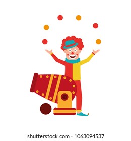 circus clown doing juggling with balls with cannon