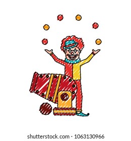 circus clown doing juggling with balls with cannon