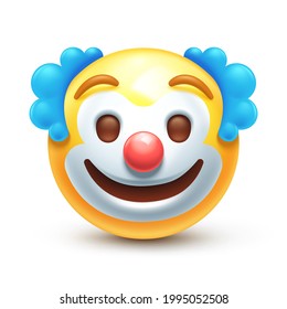 Emoji de payaso de circo. Emoticón con nariz roja, cara divertida icono de vector estilizado 3D