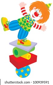 circus clown equilibrist balancing on a few objects