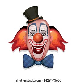 Circus Clown Face/
Illustration of a design circus clown head, with hat, red nose, makeup and funny hairs