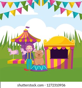 circus clown funny with bear in stage