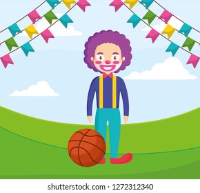 circus clown funny character with basket balloon