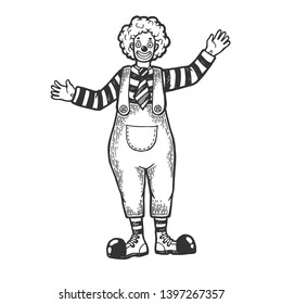 Circus clown funnyman performance sketch engraving vector illustration. Scratch board style imitation. Black and white hand drawn image.
