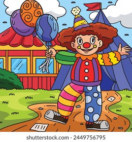 Circus Clown Holding Balloon Colored Cartoon