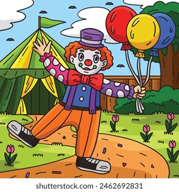 Circus Clown Holding Balloon Colored Cartoon 