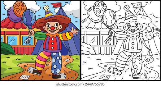 Circus Clown Holding Balloon Coloring Illustration