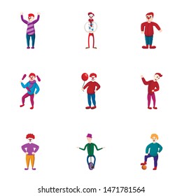 Circus clown icon set. Cartoon set of 9 circus clown vector icons for web design isolated on white background