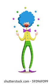 Circus clown juggler in traditional make up. Funny character in bright costume and with red nose. Vector illustration of comic isolated on white