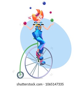 Circus clown juggles balls on a retro bike. Circus juggler in a hat with a flower and a striped jacket. Clown balancing on retro bicycle. Cartoon vector illustration.